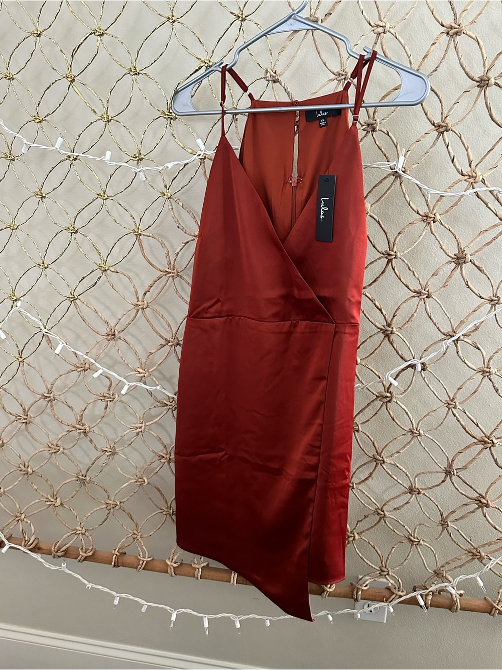 Lulu's Rust Red Satin Wrap Mini Dress